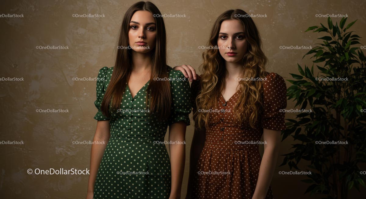 Elegant Women in Green and Brown Polka Dot Dresses