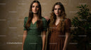 Elegant Women in Green and Brown Polka Dot Dresses