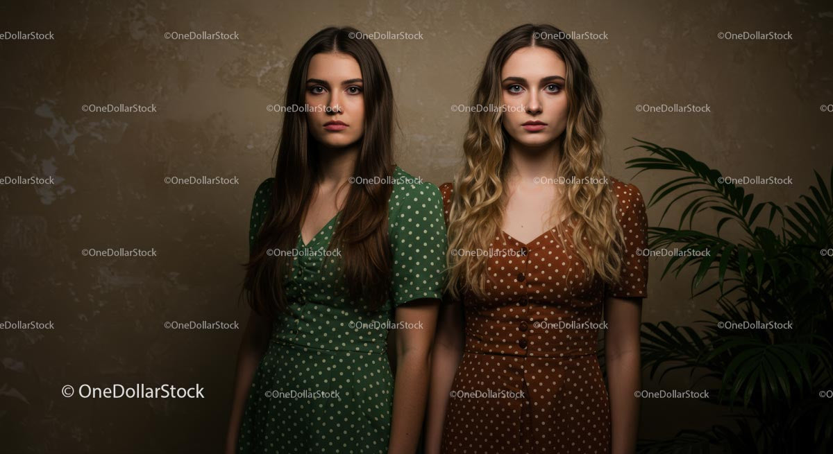 Fashionable Women in Polka Dot Vintage Dresses Indoors