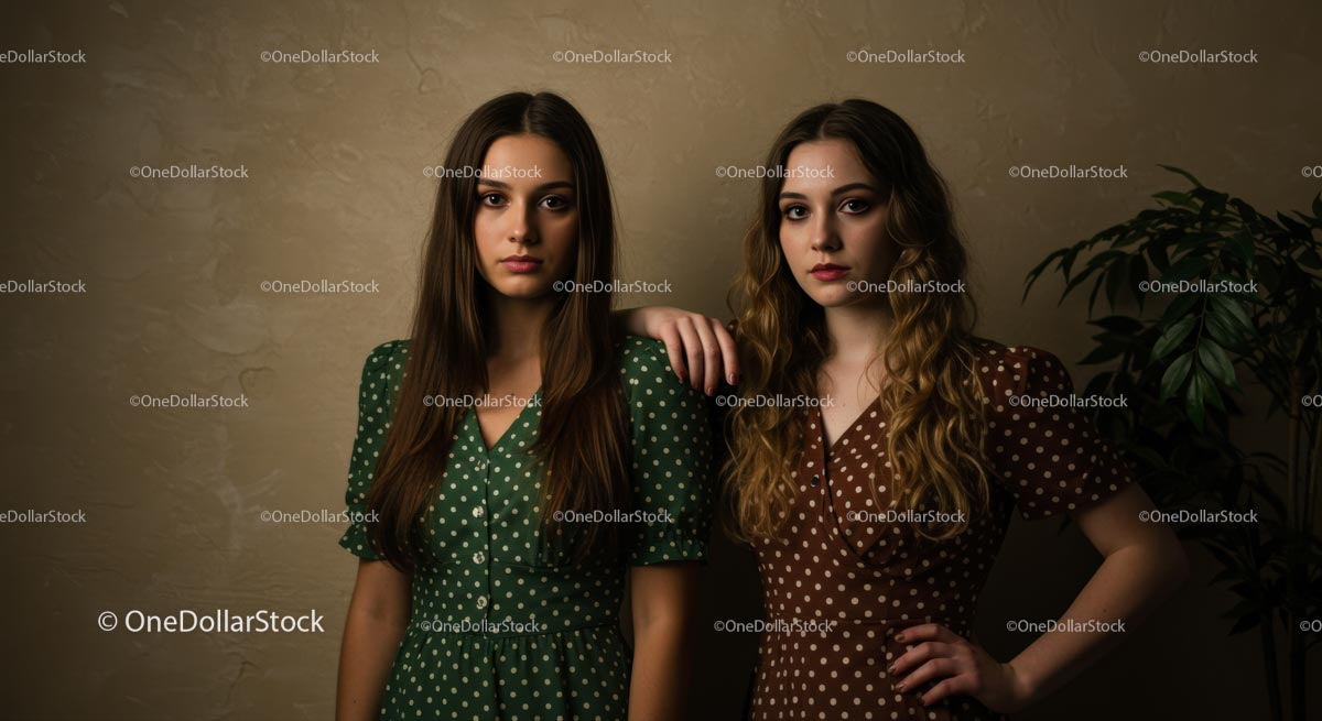 Elegant Women in Green and Brown Polka Dot Dresses