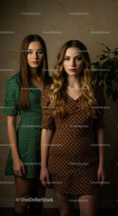 Elegant Women in Green and Brown Polka Dot Dresses