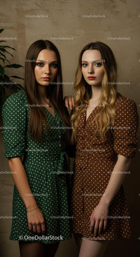 Elegant Women in Green and Brown Polka Dot Dresses