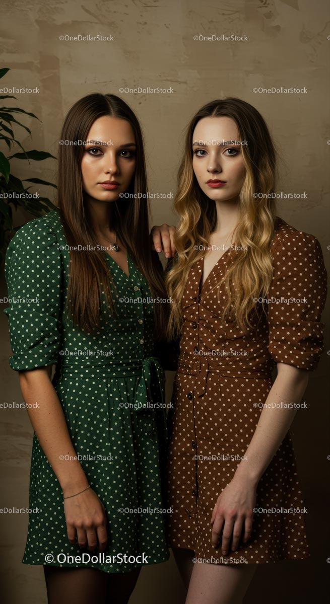 Elegant Women in Green and Brown Polka Dot Dresses