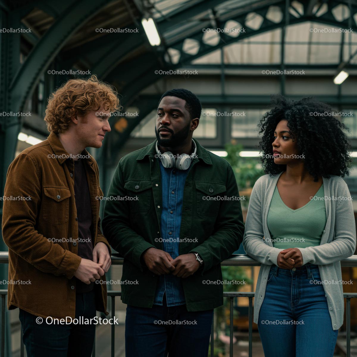Diverse Group Engaged in Conversation at Urban Station