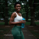Smiling Woman in Green Leggings Exercising Outdoors