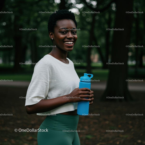 Smiling Woman with Water Bottle in a Green Park Setting
