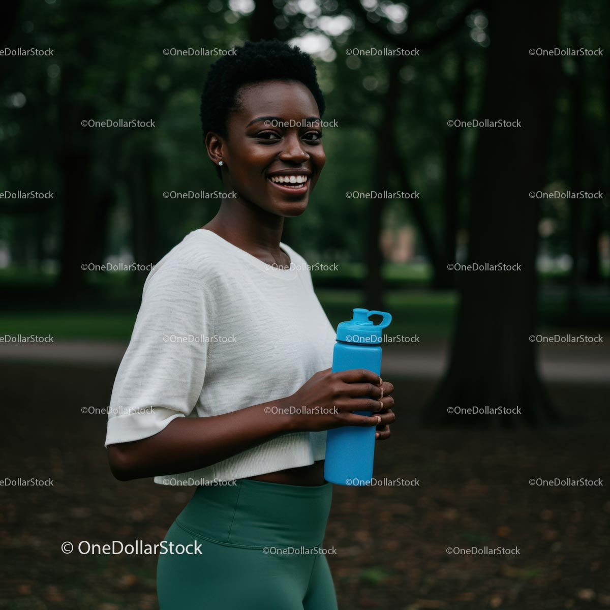 Smiling Woman with Water Bottle in Lush Green Park
