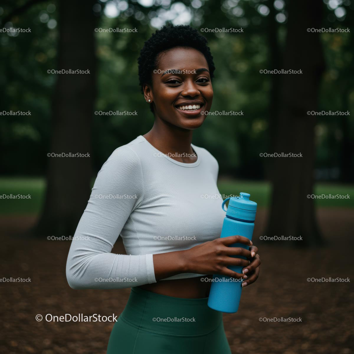 Smiling Woman with Water Bottle in Lush Green Park