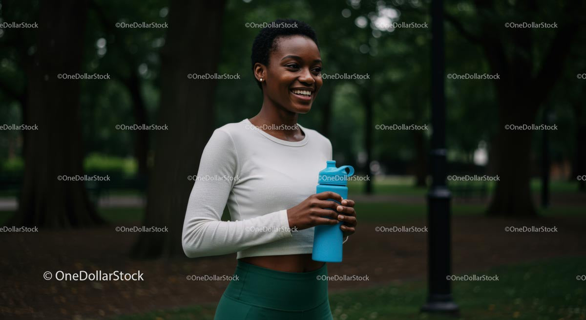 Uśmiechnięta kobieta uprawiająca jogging w Green Park z butelką wody