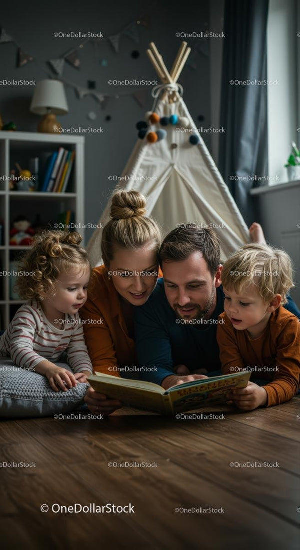 Rodzina ciesząca się wspólnym czytaniem w przytulnym pokoju zabaw