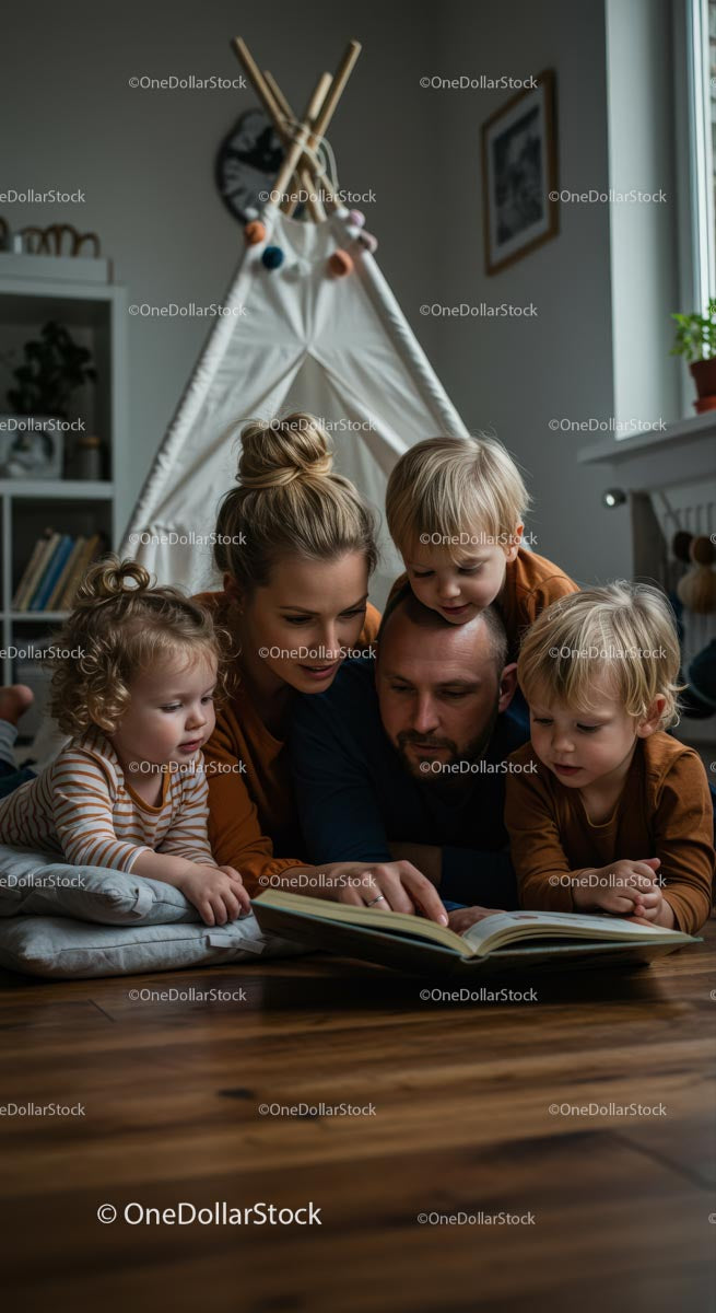 Family Reading Together Inside Cozy Teepee Tent