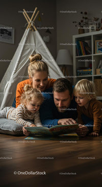 Family Reading Time in Cozy Living Room with Teepee Tent