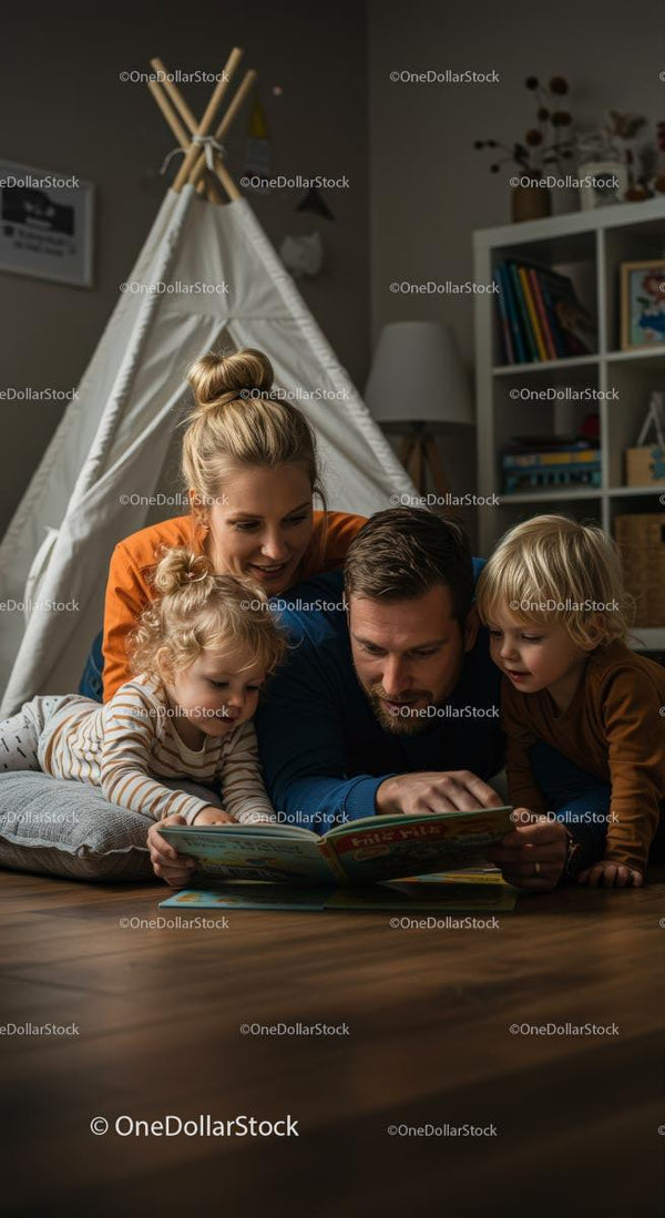 Family Reading Time in Cozy Living Room with Teepee Tent