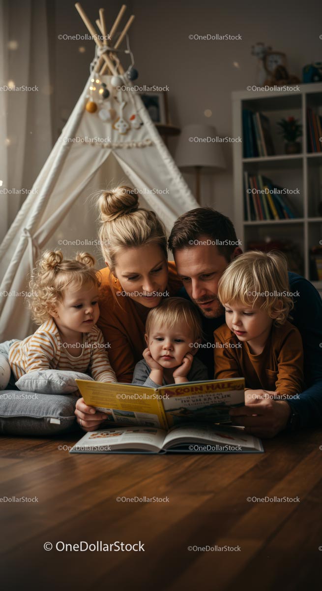 Family Enjoying Story Time Together in Cozy Living Room