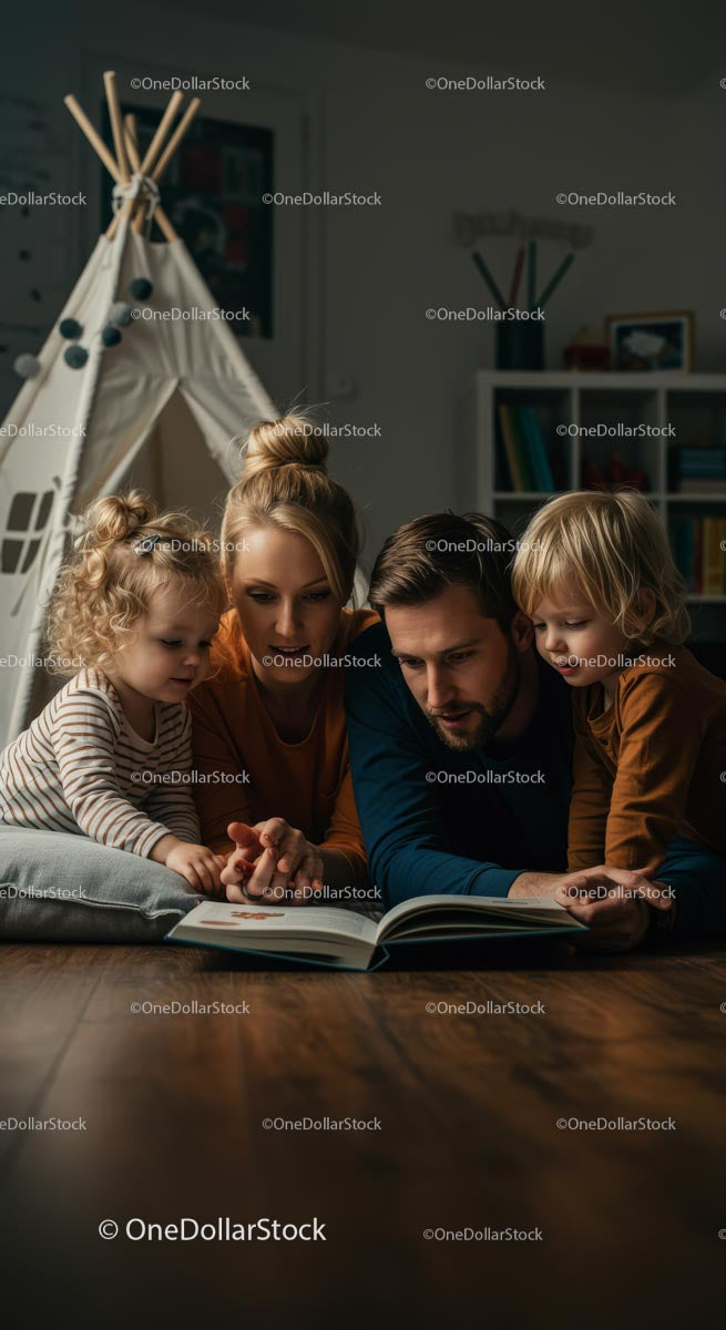 Family Reading Time in Cozy Evening Setting