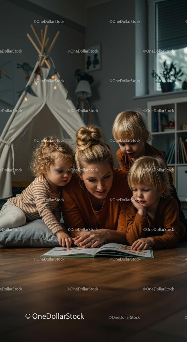 Matka czytająca dzieciom w przytulnym namiocie w salonie