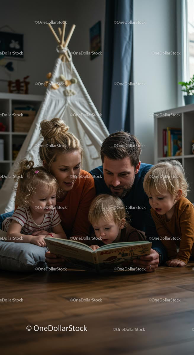 Happy Family Reading Together in Cozy Living Room