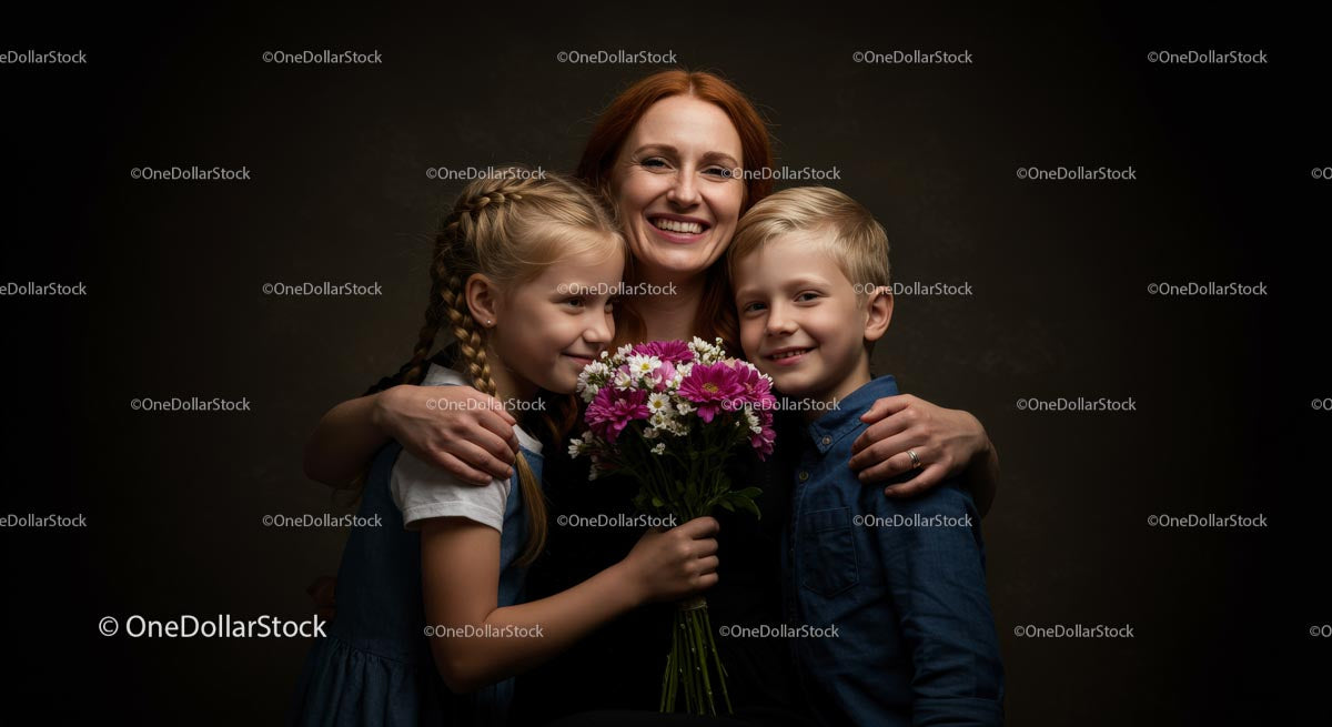Mother and Children Smiling with Flowers