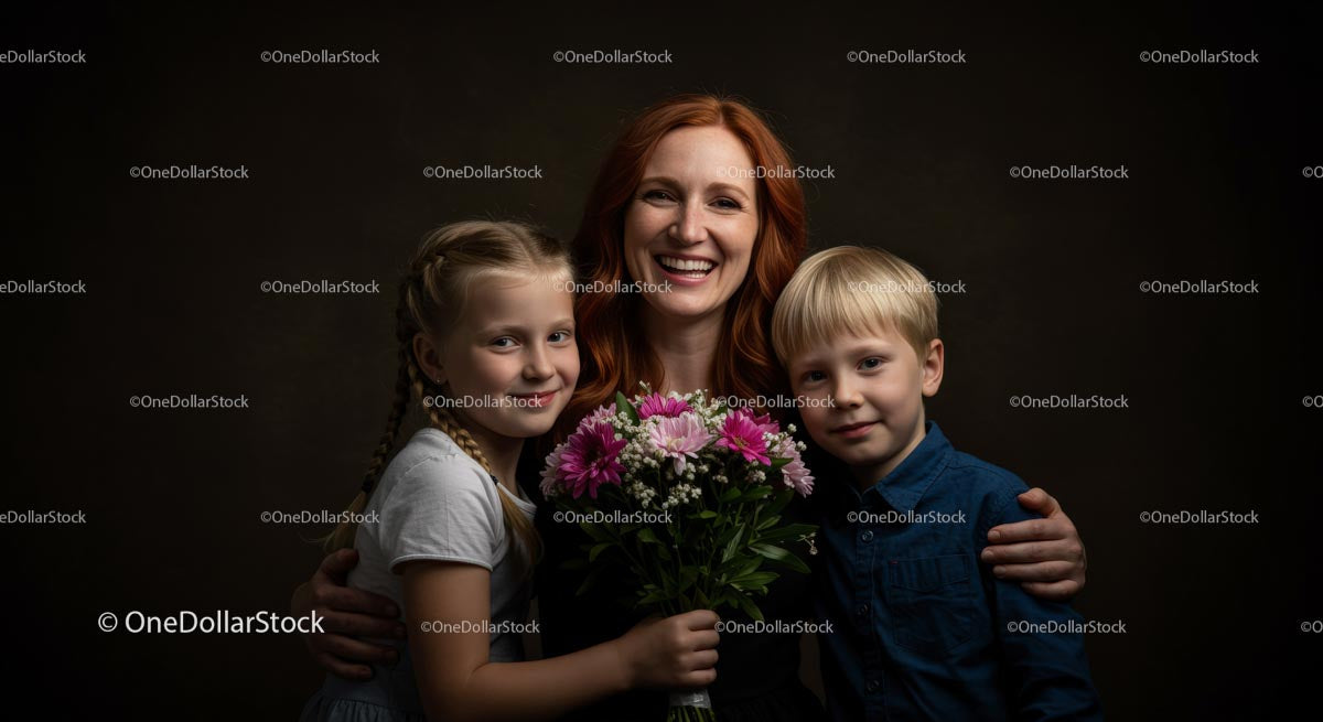 Happy Family with Flowers Celebrating Together