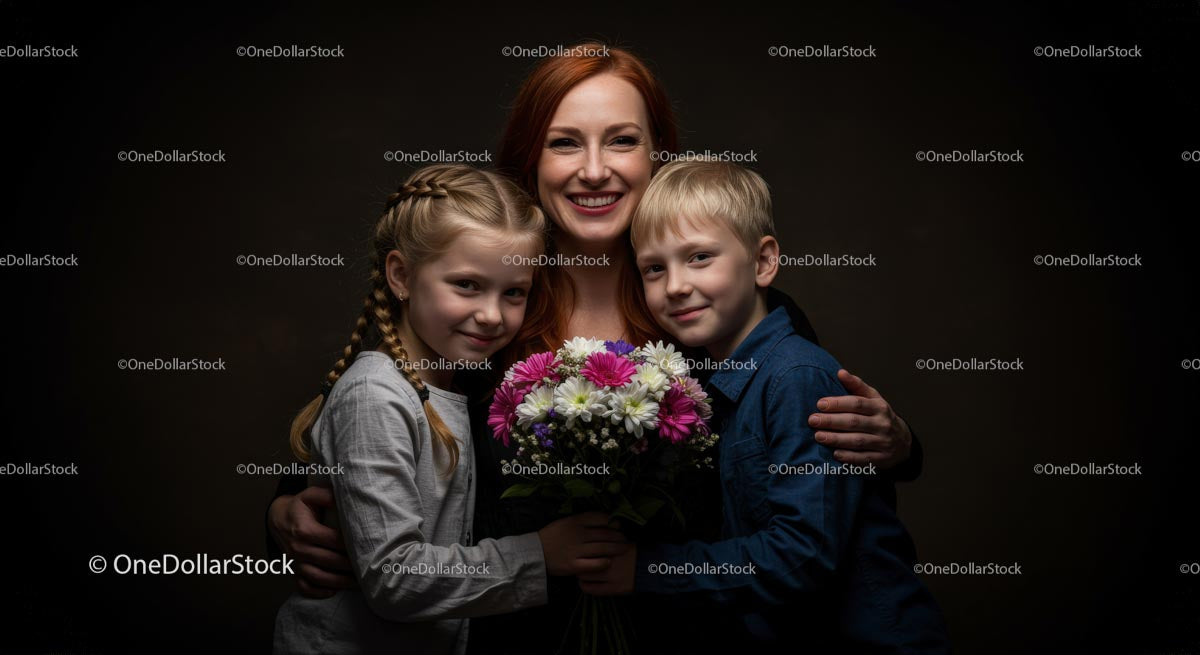 Smiling Mother with Children Holding Colorful Bouquet