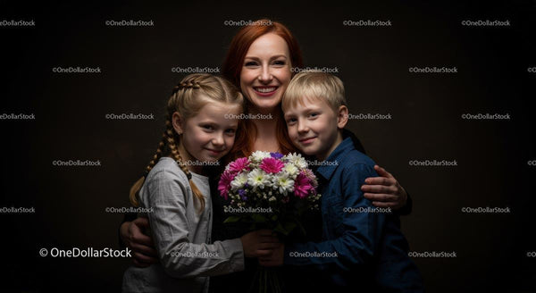 Uśmiechnięta Matka z Dziećmi Trzymającymi Kolorowy Bukiet