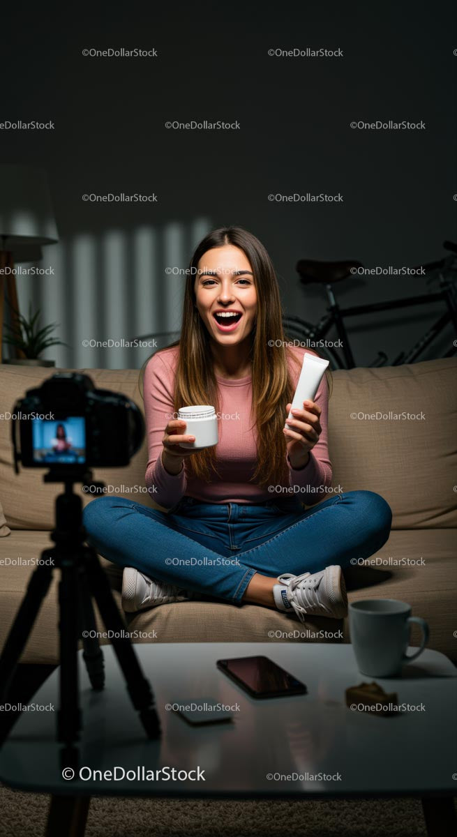 Influencerka kosmetyczna nagrywająca samouczek pielęgnacji skóry w domu