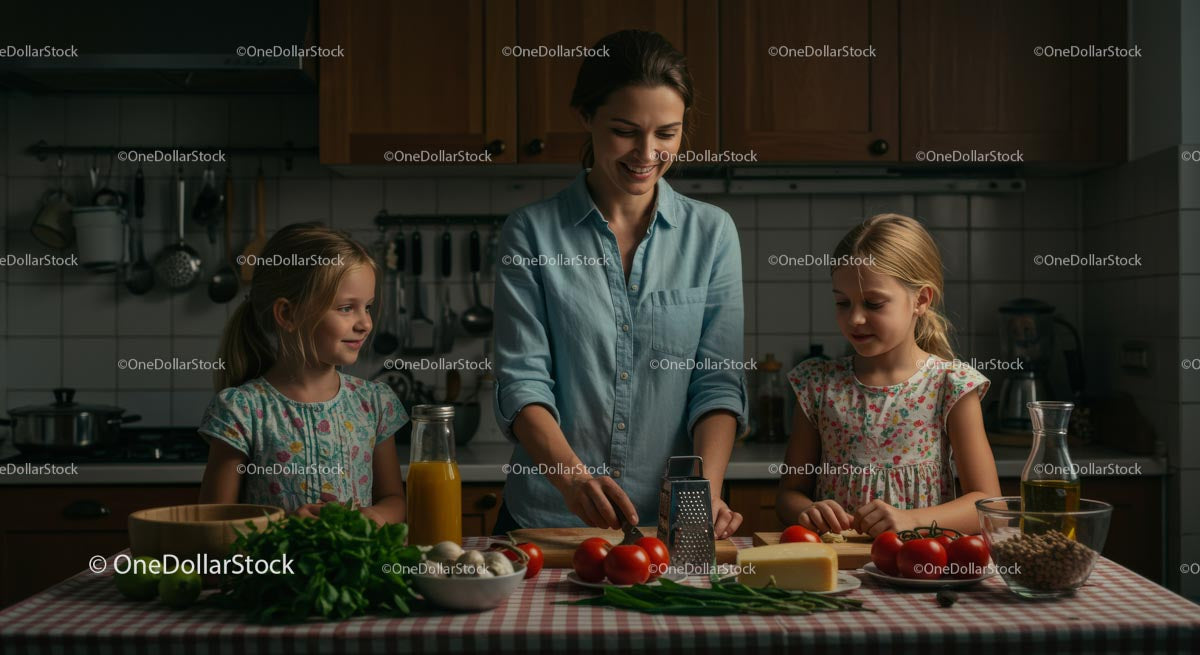 Mother and Daughters Cooking Together in Cozy Kitchen