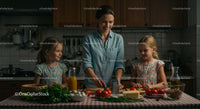Mother and Daughters Cooking Together in Cozy Kitchen