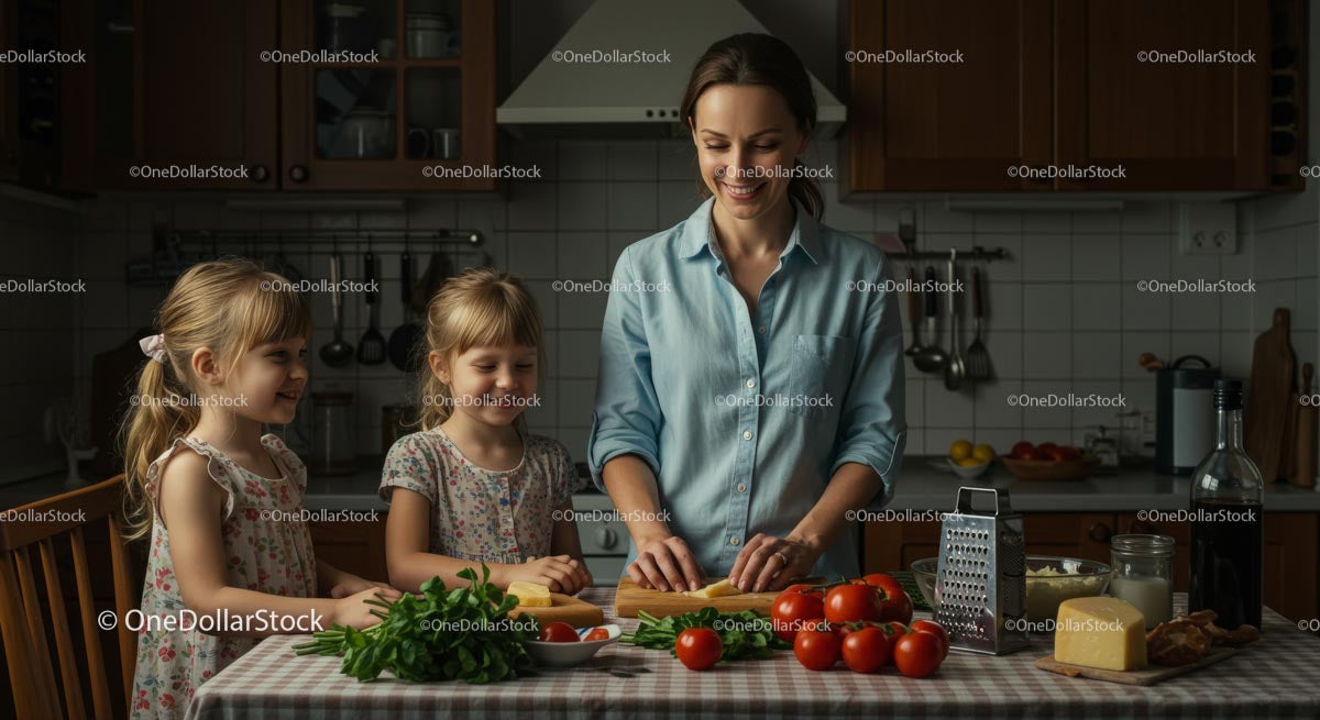 Uśmiechnięta matka i córki gotują razem w przytulnej kuchni