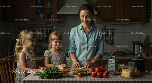 Uśmiechnięta mama i córki gotujące razem w przytulnej kuchni