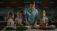 Mother and Daughters Cooking Together in Modern Kitchen