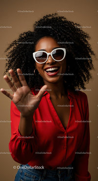 Joyful Woman in Red with Sunglasses and Curly Hair