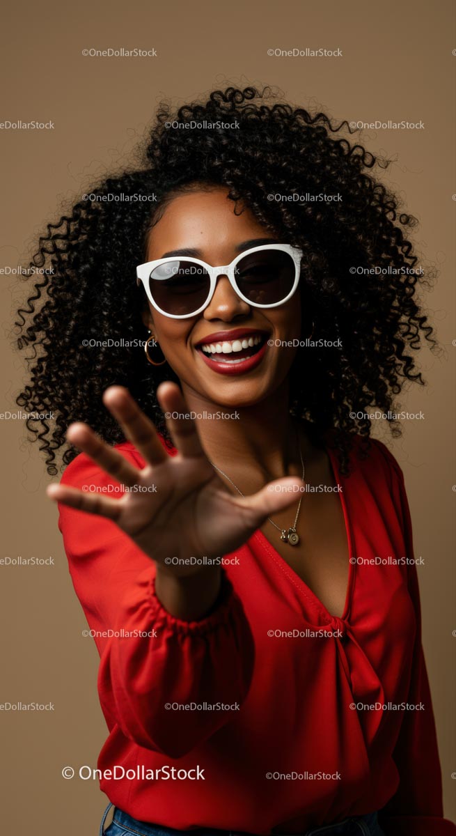 Joyful Woman in Red with Sunglasses and Curly Hair