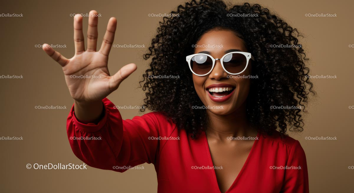Joyful Woman in Red with Sunglasses and Curly Hair