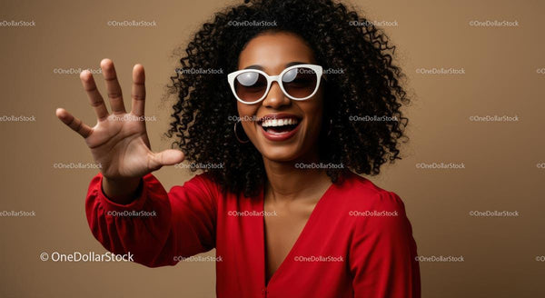 Uśmiechnięta kobieta z afro i okularami przeciwsłonecznymi w czerwonej sukience