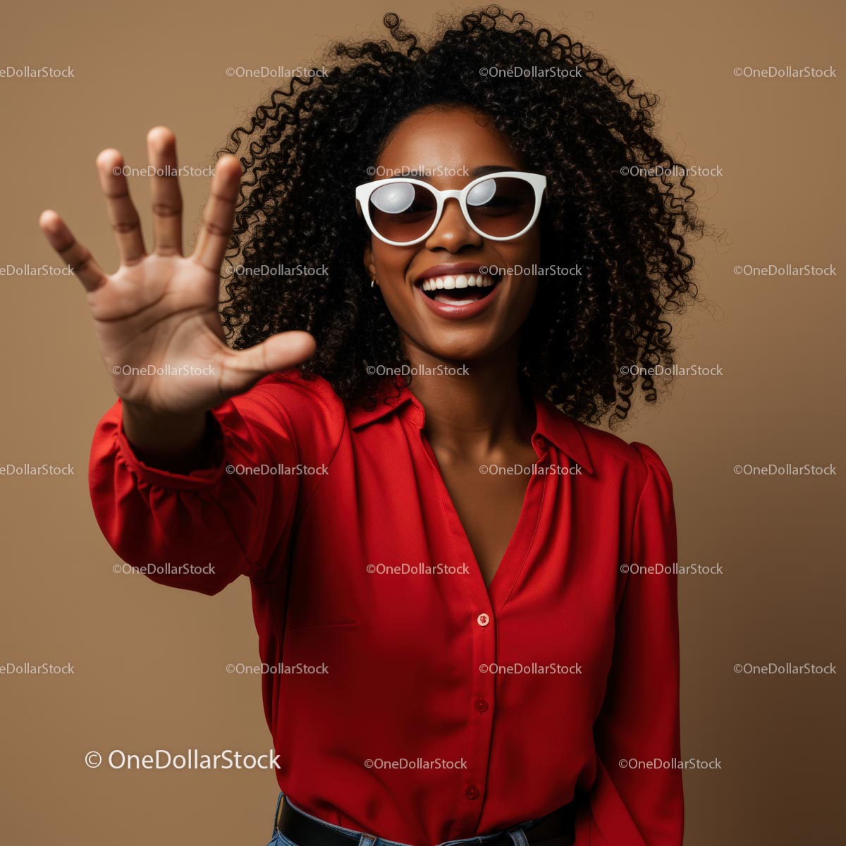 Stylish Woman in Red Shirt with White Sunglasses Smiling