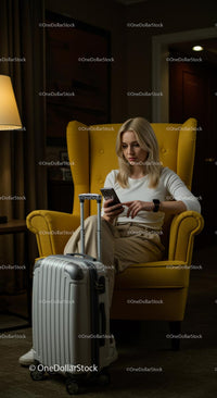 Woman Relaxing in Yellow Armchair with Stylish Suitcase