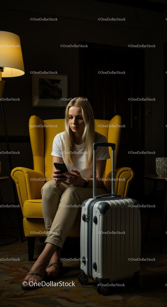 Woman Relaxing with Smartphone and Luggage in Hotel Lobby