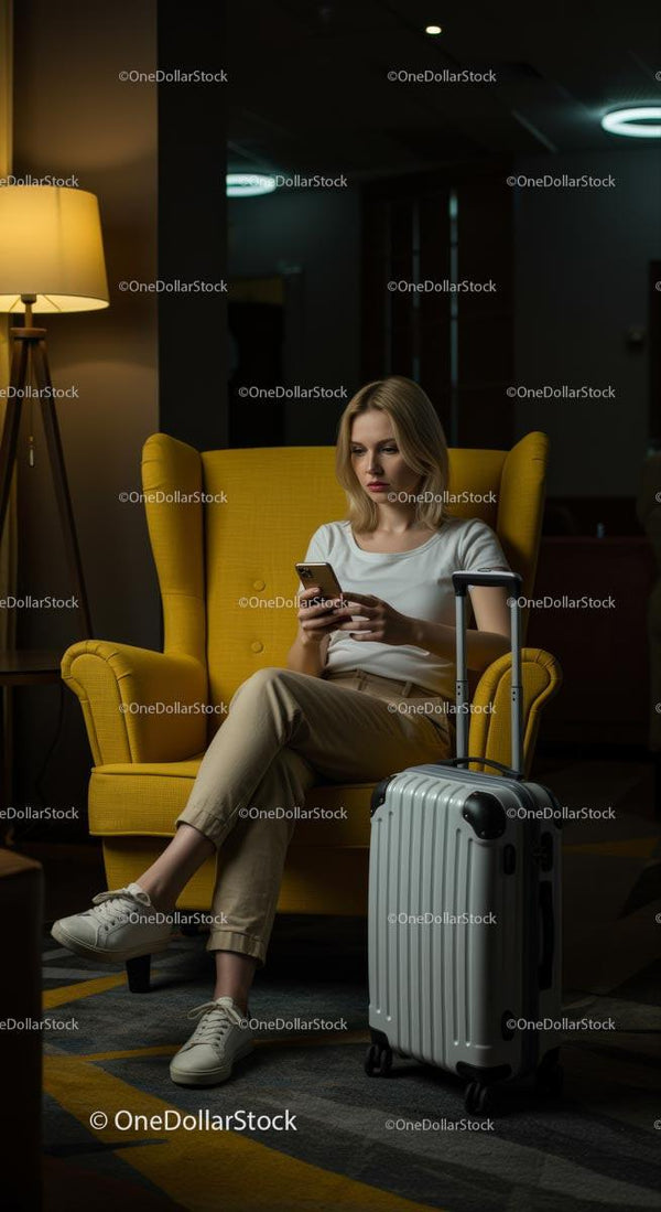 Kobieta relaksująca się w saloniku na lotnisku z smartfonem i bagażem