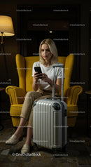 Traveler Waiting with Suitcase in Cozy Lounge