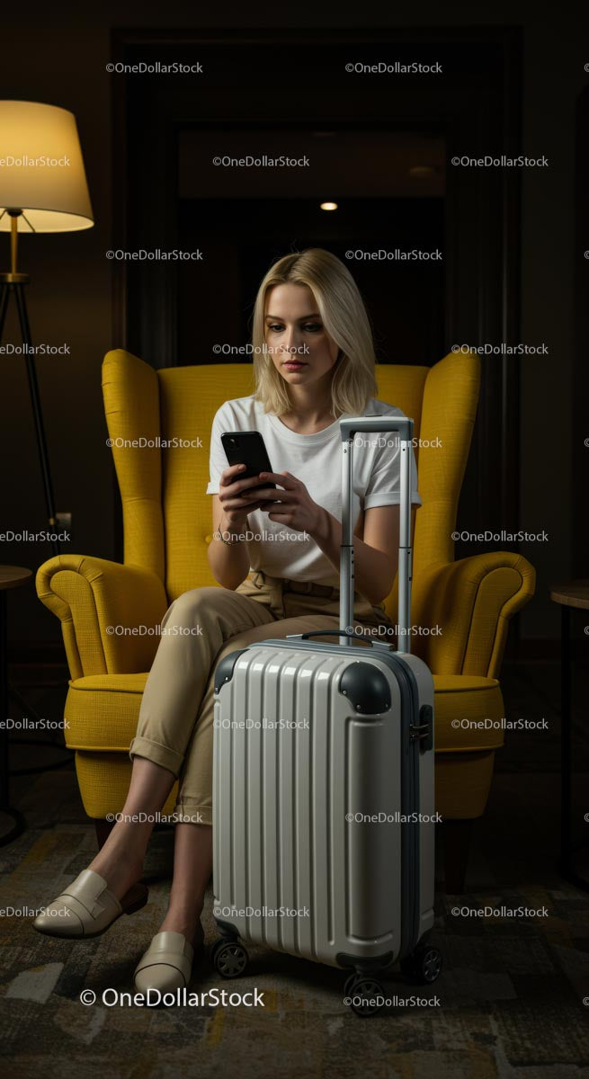 Traveler Waiting with Suitcase in Cozy Lounge