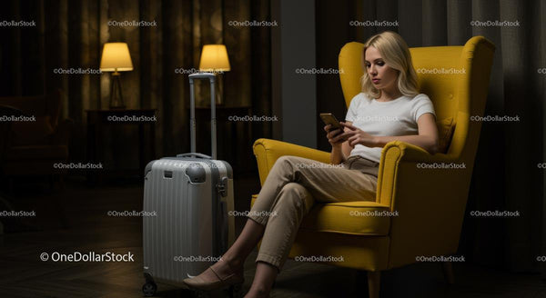 Kobieta Relaksująca się w Pokoju Hotelowym z Smartfonem i Walizką
