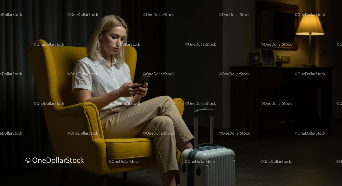 Woman Relaxing in a Hotel Room with Luggage and Phone