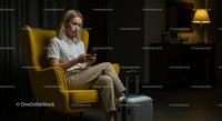 Woman Relaxing in a Hotel Room with Luggage and Phone