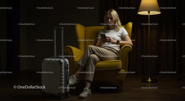 Kobieta Relaksująca się w Żółtym Foteliku z Walizką i Smartfonem