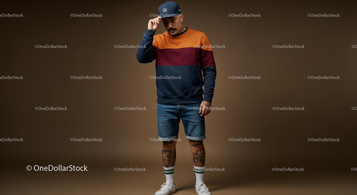 Trendy Man in Colorful Sweatshirt and Denim Shorts