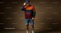 Stylish Man in Colorful Sweater and Denim Shorts