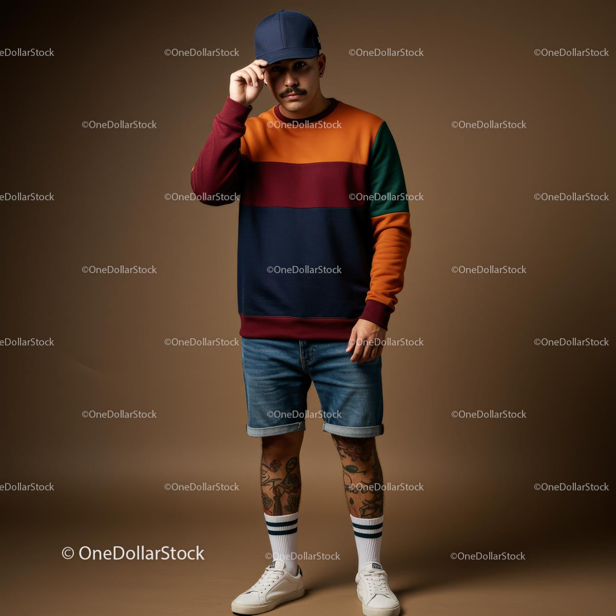 Man in Color Block Sweater and Denim Shorts