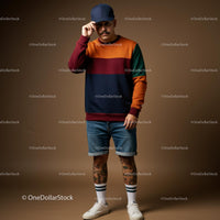 Man in Color Block Sweater and Denim Shorts