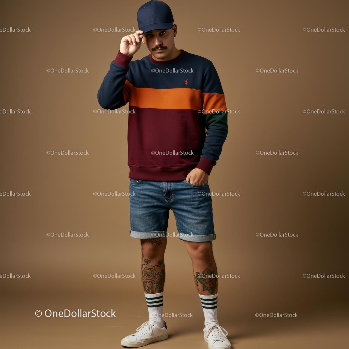 Trendy Man in Colorful Sweatshirt and Denim Shorts